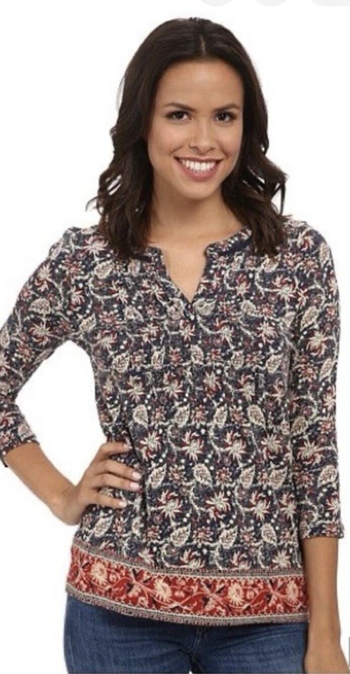 Lucky Brand Size Large Floral V-Neck 3/4 Sleeve Knit Cotton Modal Top